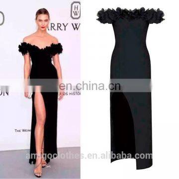 Amigo 2017 new designer sex black off-shoulder flower long slit tube bandage dress maxi evening dresses for women party wear