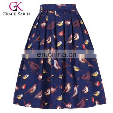 Grace Karin Women's Vintage Retro Pleated Birds Print Cotton Skirt 5 Patterns CL010401-5