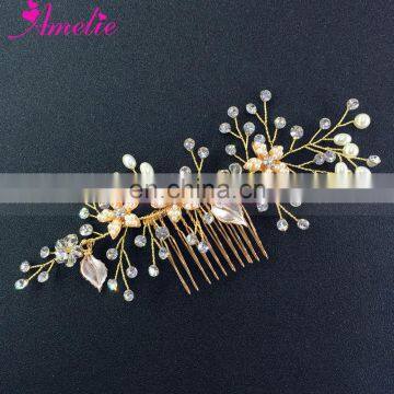 Beaded Flower and Rhinestone Wedding Bridal Hair Comb Gold Comb Wedding Jewelry Sets Bridal Side Comb