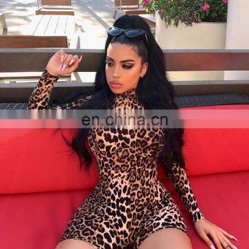 Women Long Sleeves Animal Print Mock Neck Sexy Bodysuit photo-3