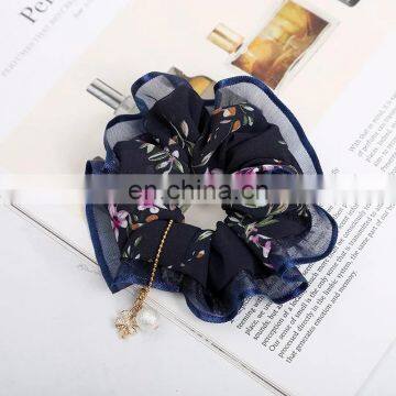 Women Vintage Big Bowknot Scrunchies With Pearl Print Flower Hair Ties Hair Holder Rubber Bands Gum For Hair photo-6