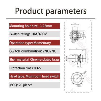 Ip65 22mm Chrome Plated Brass Green Mushroom Head 20a 1no1nc Waterproof Push Button Switches Reset photo-2