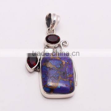 COPPER TURQUOISE AND GARNET PENDANT 925 Sterling Silver Pendant, SILVER JEWELRY EXPORTER,SILVER JEWELRY WHOLESALE,FINE SILVER