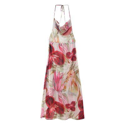 2025 Spring New European and American Beaded Printed Sexy Backless Hanging Neck French Split Dress photo-3