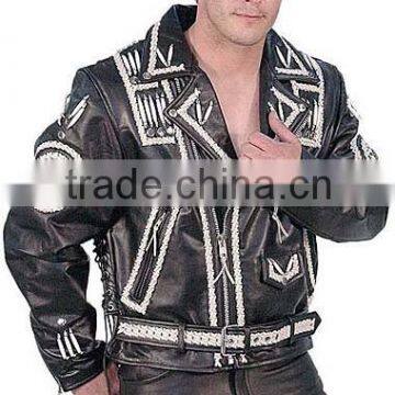 2015 New fashion Naked Leather Motorcycle Jacket with Indian Beading for mens motorbike leather jacket