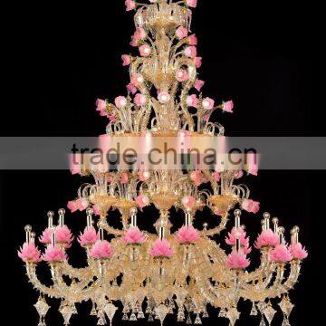 2015 golden pink flowers 2.45m height glass chandeliers pendant for decoration