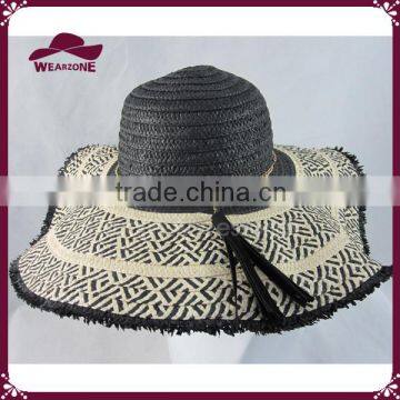 Black and White Paper Straw Floppy Hat With Tassels photo-2
