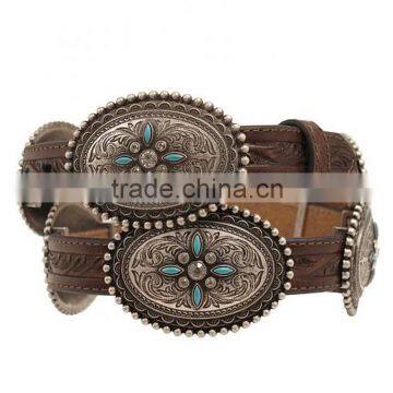 Western Cowbgirl Sparkly Rhinestone & Faux Turquoise Stones Oval Concho Belt