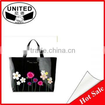 Pretty Flowers Print Black PVC Shopping bag