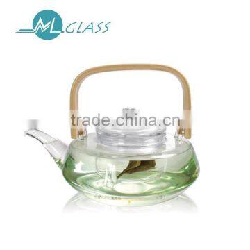 Wholesale clear glass tea pot glass tea kettle with bamboo handle teapot handmade OEM ODM 600ml