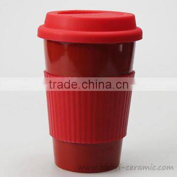 12oz Red Color Glazed Logo Decal Personalized Ceramic Stoneware Travel Coffee Mugs With Silicone Lids And Sleeve Sets