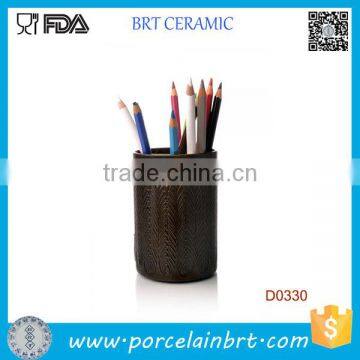 Brown Cylindrical Home Decorative Ceramic Pen Container