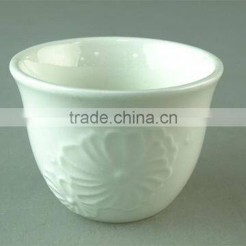 White ceramic tea cup with flower embossing for wholesale 6 pcs per set,with color box