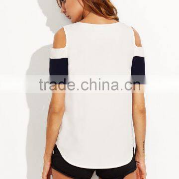 APPAREL Color Block Open Shoulder T-shirt LINEN T SHIRT photo-4