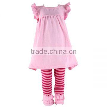 2017 Spring and summer hot sale kids clothes pink icing ruffle outfits solid dress sets baby wear children clothes