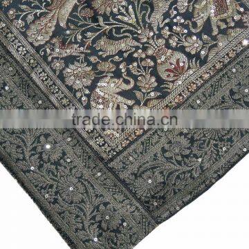 Sari Cushion Cover - Green Peacock Elephant Brocade Sequin Throw Pillow 16" photo-3