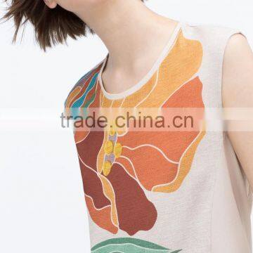 2015 New Fashion Sleeveless Round Neck Print Chiffon Lady Top Designer photo-3
