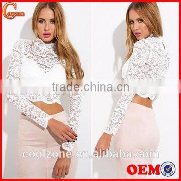 Wholesale Clothing Manufacturers Elegant Long Sleeve Lace Crop Top,sexy Transparent Summer Lace Top 2015