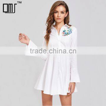 women Flower emboriedered long Sleeve clothing, white High Waist Shirt Dress