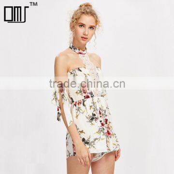 Polyester white ladies jumpsuit, floral print contrast lace playsuit