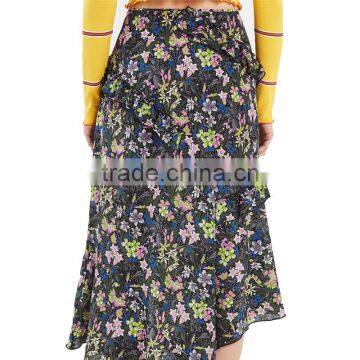 2017 OEM Asymmetrical Pleated Flower-printed High Waisted Skirts photo-5