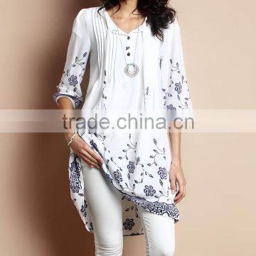 Hot Selling Women Dresses With White Floral Chiffon Tie-Front Hi-Low Tunic Dress Women Flower Dress Women Wear GD90426-21