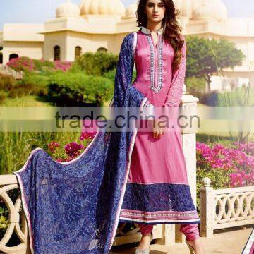 Deep Pink Color Long Straight Cut Bottom Net Border Designer Semi Stitch Salwar Kameez photo-4