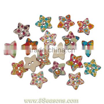 Wood Painting Sewing Buttons Scrapbooking Star 2 Holes Mixed Flower Pattern 25mm x 24mm,100PCs,Bulk