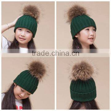 Fahion Pattern Big Raccoon Fur Pompon Beanie Large Bobble Pompom Baby Hat