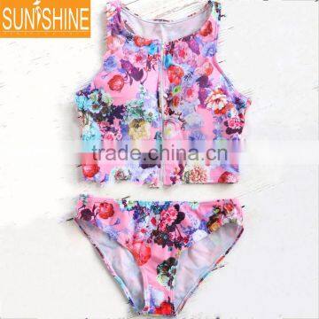 OEM Custom Printed Two Piece Swimsuit Women Tankini Swimwear Bikini With Back Zipper