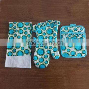 Promotional Custom 3pcs Blue Kitchen Set Cotton Pot holder, Oven mitt, Tea Towel