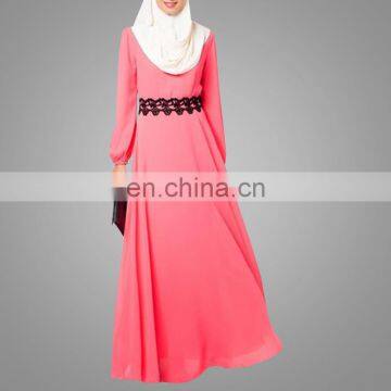 Famous Lace Red Muslim Simple Abaya Daily Maxi Dress With Long Sleeves Dubai Arab Women Design