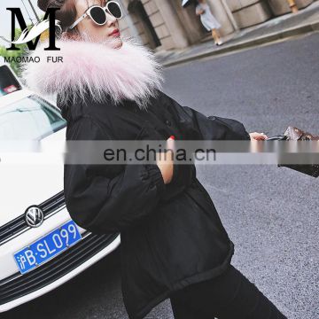 OEM New Latest Down Coat Designs European Style Winter Beautiful Coat Raccoon Fur Winter Coat Fur Collar Women