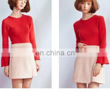 Women fashion Ruffles sleeves round neck red plain sweaters