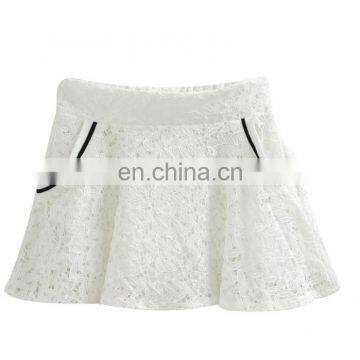 Lady fashion high elasthan waisbank white lace pleated mini skirt