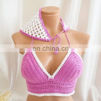 Hot Sale Crochet Bikini Crop Top Knit Hairband, Trim Bikini Swimsuit Summer Corset Top Vietnam Supplier Cheap Wholesale