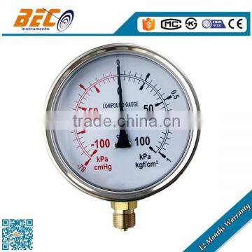 Half Stainless steel vibration proof compound kpa low pressure gauge