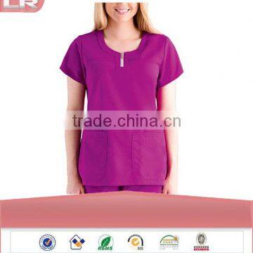 Wholesale OEM Hotsale Fashion Women's Round Neck Zip Front Solid Scrub/Medical scrubs /Hospital uniformTop