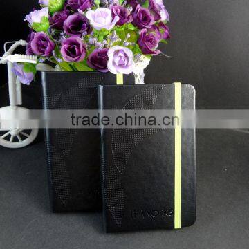black soft faux leather a6 journal with green elastic strap