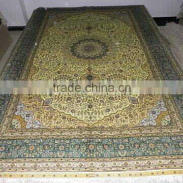 Kingly yellow turquoise handmade silk carpet double knots