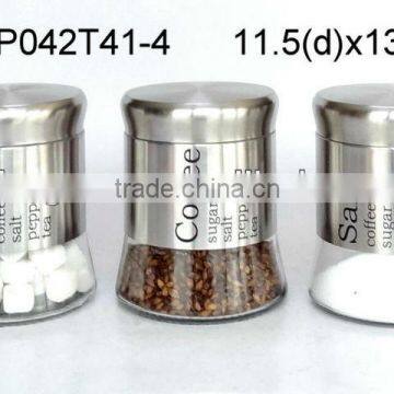 CP042T41-4/3 3pcs glass jar with stainless steel casing for coffe sugar salt