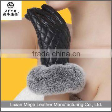 women classic elegant rabbit fur cuff winter sheep leather gloves with checked pattens