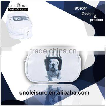 custom cartoon dog printing travel leather makeup bag with custom logo