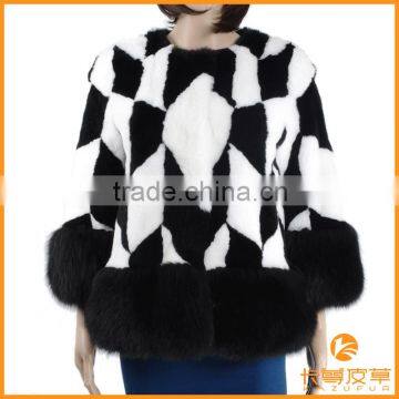 Ladies short Rex rabbit fur coat with fox fur trim KZ150073