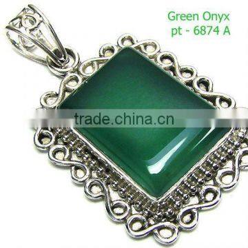 Natural gemstone green onyx jewelry 925 silver pendant