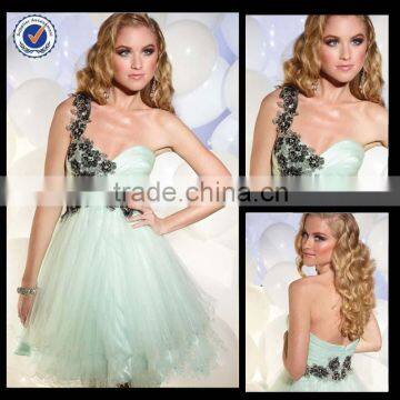 New Design Wholesale Custom Made Mini Sweetheart One-shoulder Light Green Tulle Appliqued Cocktail Dress C0086