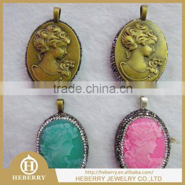 Fashion metal high quality old brass plating clay pendant with rhinestone pendant for women