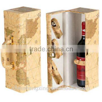 World map pattern leather wine carrier with handle for one bottle