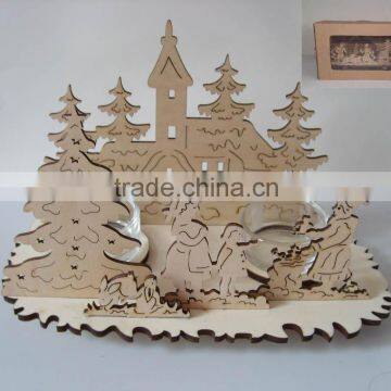 Wooden natrual color Christmas Decoration Candle Holder with angel and tree