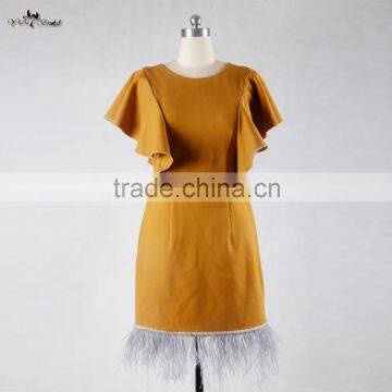 RSE694 Yellow Crepe Fabric Dress Material Short Ostrich Feather Knee Length Real Pictures Of Cocktail Dress